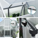 Collage of a greenhouse with close-ups of its features, including a door handle and a rainwater collection system.