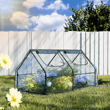 Clear, peaked-roof mini-greenhouse on a grassy lawn, protecting blue and green flowering plants. White fence background.