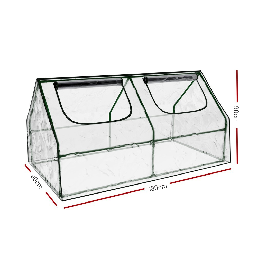 Transparent greenhouse with dimensions on a white background