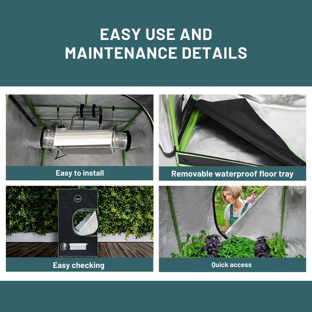 Gardening setup with text highlighting easy use and maintenance features.