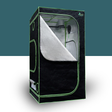 indoor grow tent om white and teal background