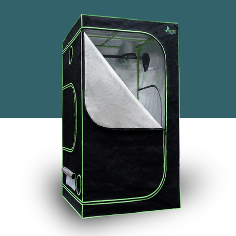 indoor grow tent om white and teal background