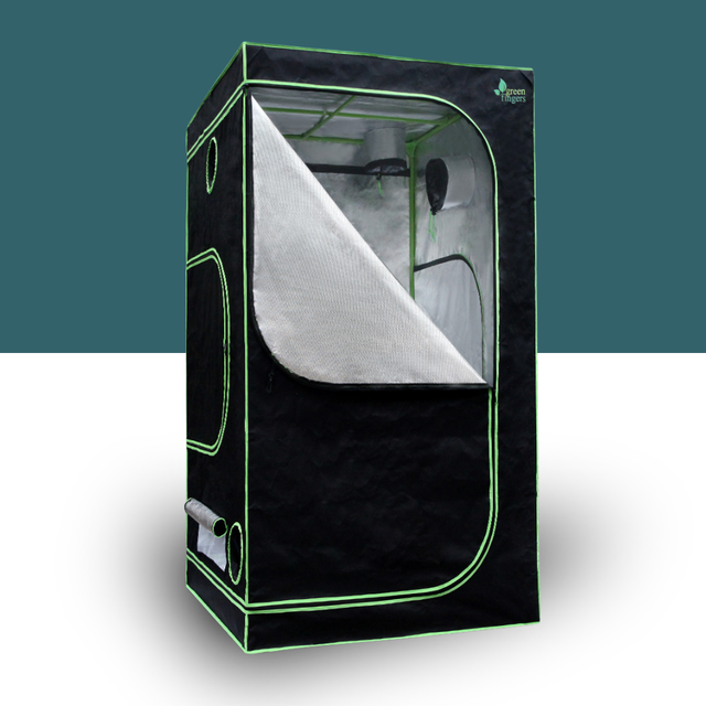 indoor grow tent om white and teal background