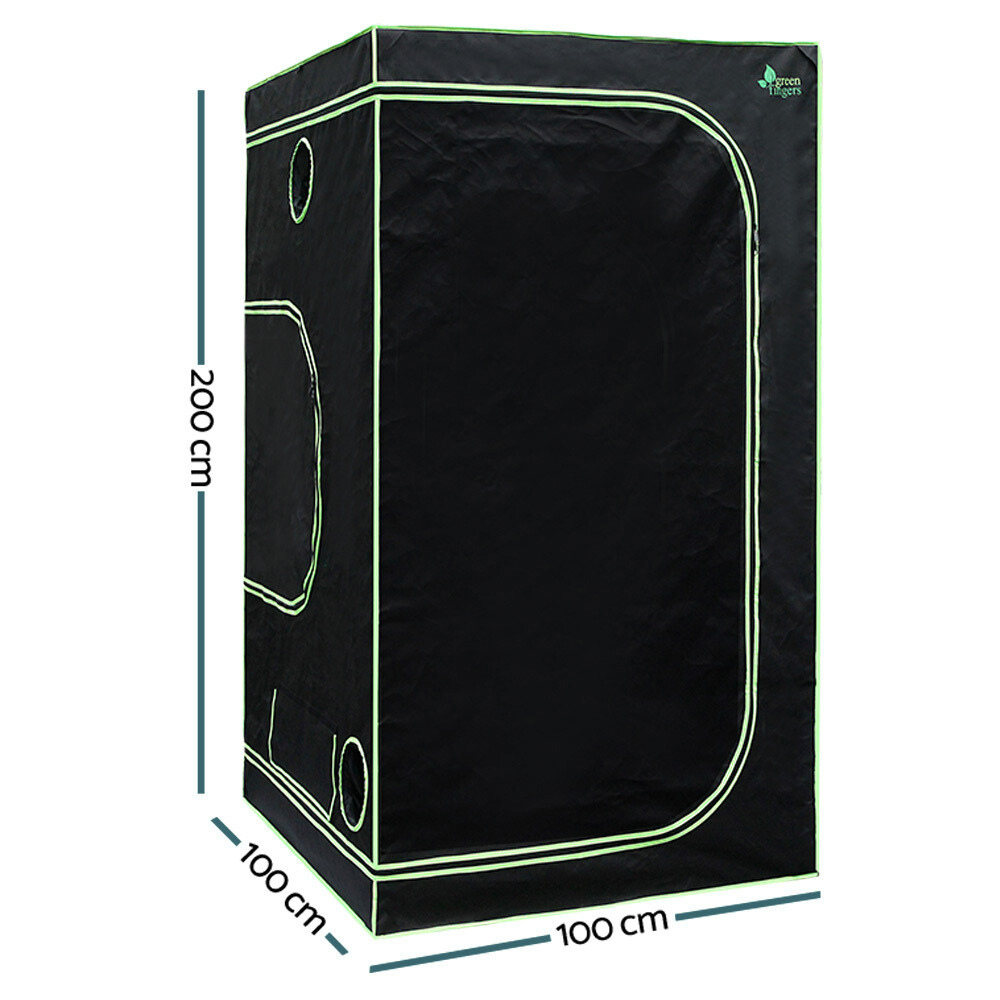 Black grow tent with dimensions on a white background
