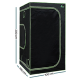 Black grow tent with dimensions on a white background