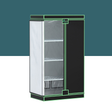 A Green Fingers hydroponic grow tent (180x100x60cm) with three wire shelves, ventilation ports, and a reflective interior.
