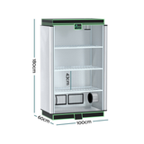 A Green Fingers hydroponic grow tent (180x100x60cm) with three wire shelves, ventilation ports, and a reflective interior.