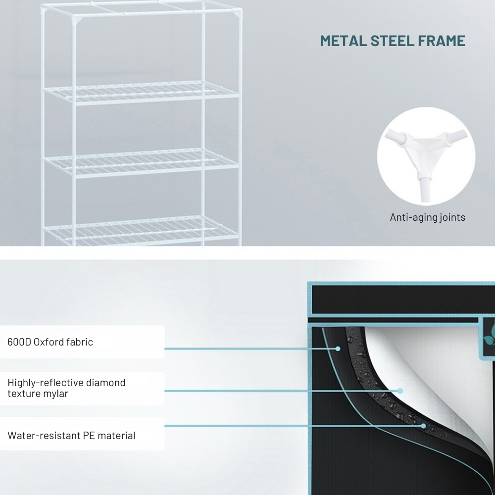 White metal shelving unit with text detailing material and feature information on a gray background.