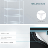 White metal shelving unit with text detailing material and feature information on a gray background.