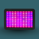 LED grow light with a grid of purple and pink lights on a dark green background