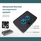 Advanced thermal management system with heat sink and fans on a white background
