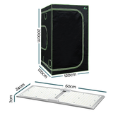 Growth tent with dimensions and LED light panel on a white background