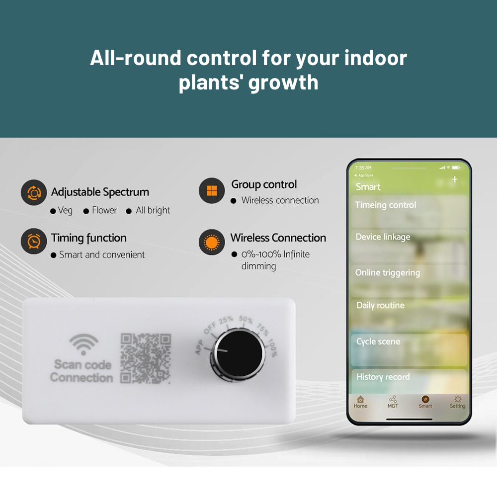 Smart plant growth controller with smartphone app on a white background