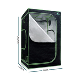 Black grow tent with dimensions indicated on a white background