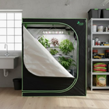 A Green Fingers grow tent in a room features a reflective interior, grow lights, and several lush plants.