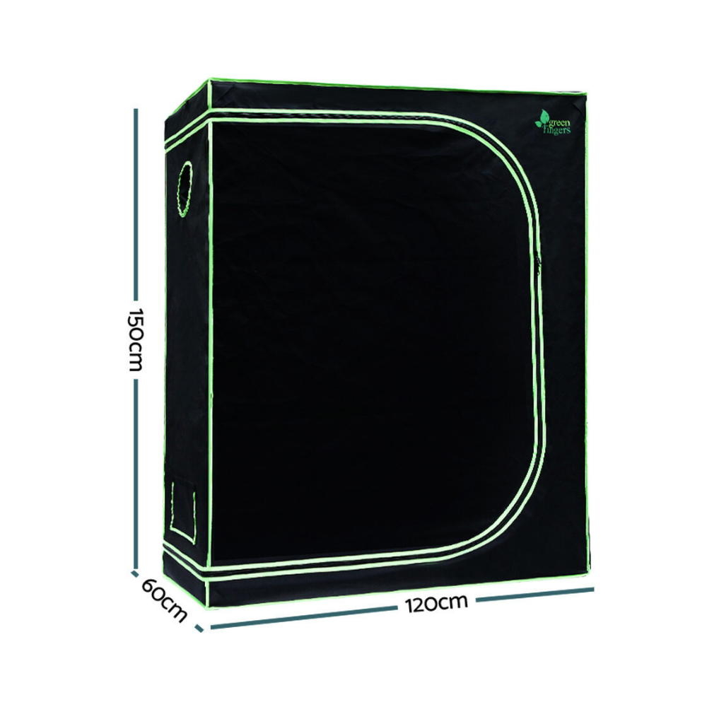 Black grow tent with green text and measurements on a white background