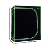 Black grow tent with green text and measurements on a white background