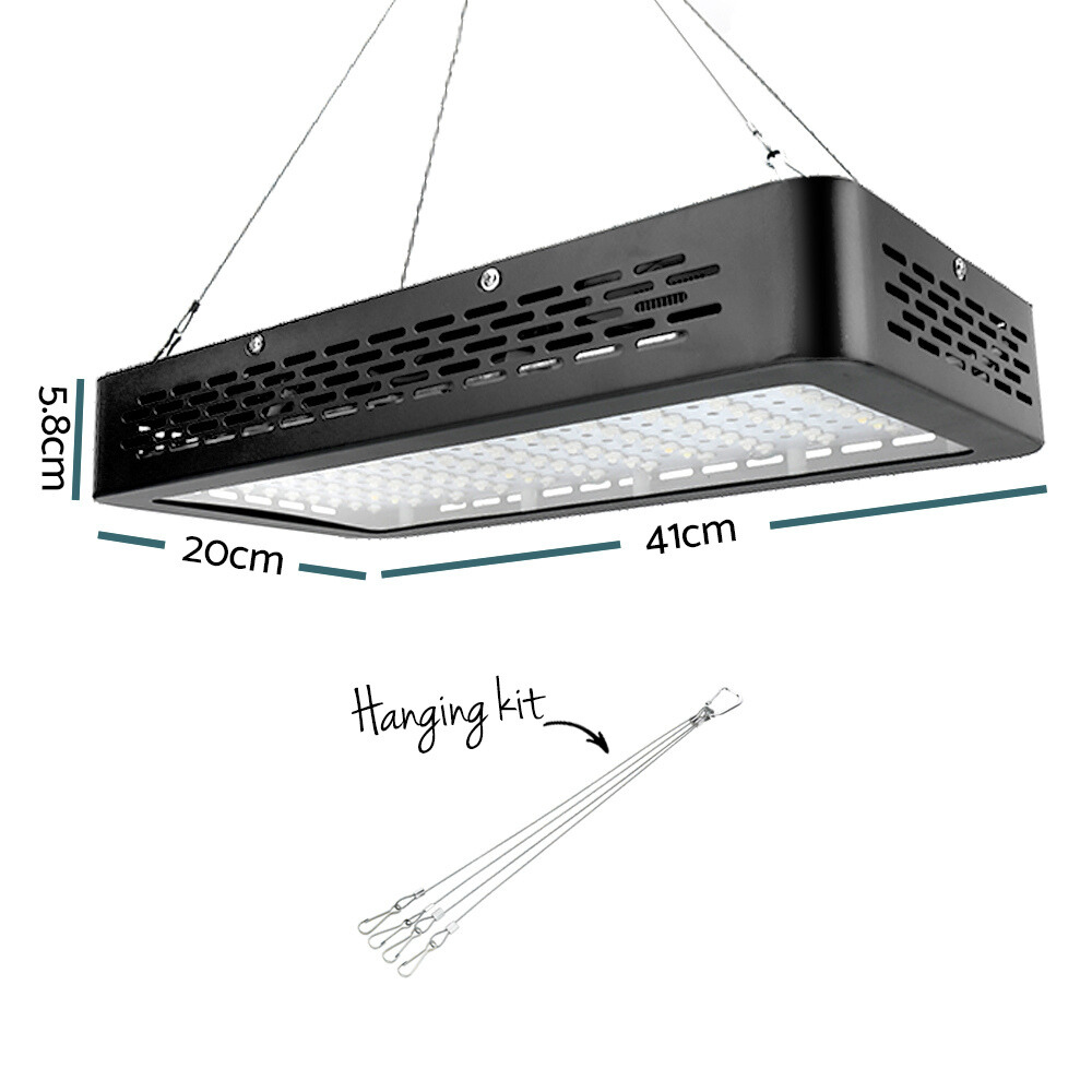 LED light fixture with dimensions and hanging kit on a white background