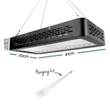 LED light fixture with dimensions and hanging kit on a white background