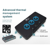Advanced thermal management system with heat sink and fans on a white background