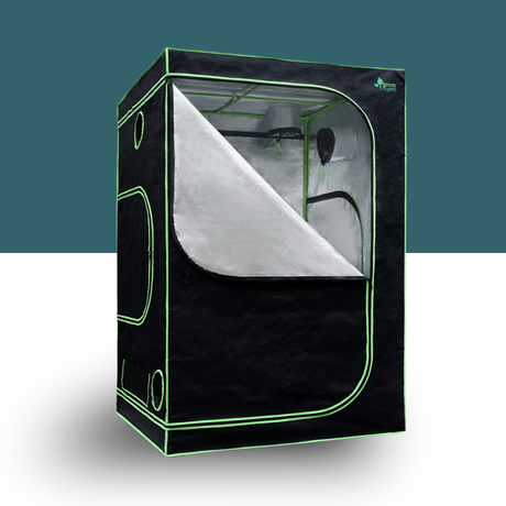 Black grow tent with transparent door on a white background