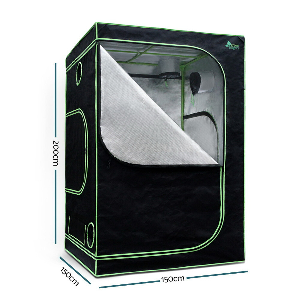 Black grow tent with clear front panel and dimensions on a white background