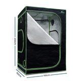 Black grow tent with clear front panel and dimensions on a white background