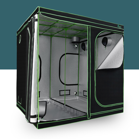 Black and green grow tent with interior lights on a white background