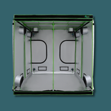 Green and white grow tent with ventilation system on a teal background
