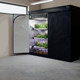 Various Green Fingers grow tents feature reflective interiors, LED lighting, and lush indoor plants.