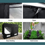 Collage of a black grow tent with hanger, zipper, easy checking, and quick access features.