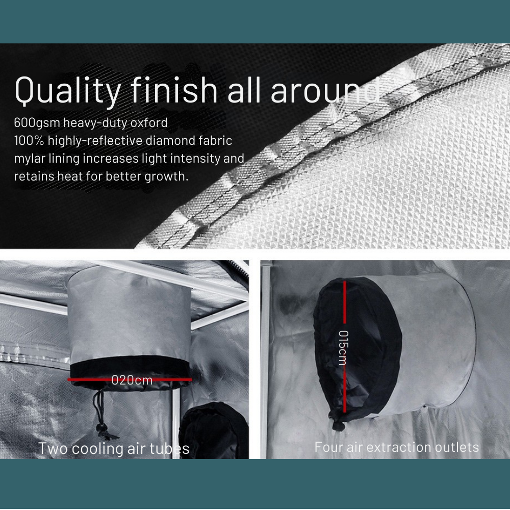 Text detailing features of a grow tent with fabric and design elements.