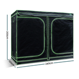 Black grow tent with green seams and dimensions on a white background