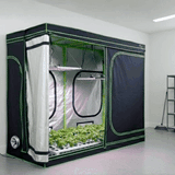 Various Green Fingers grow tents feature reflective interiors, LED lighting, and lush plants.