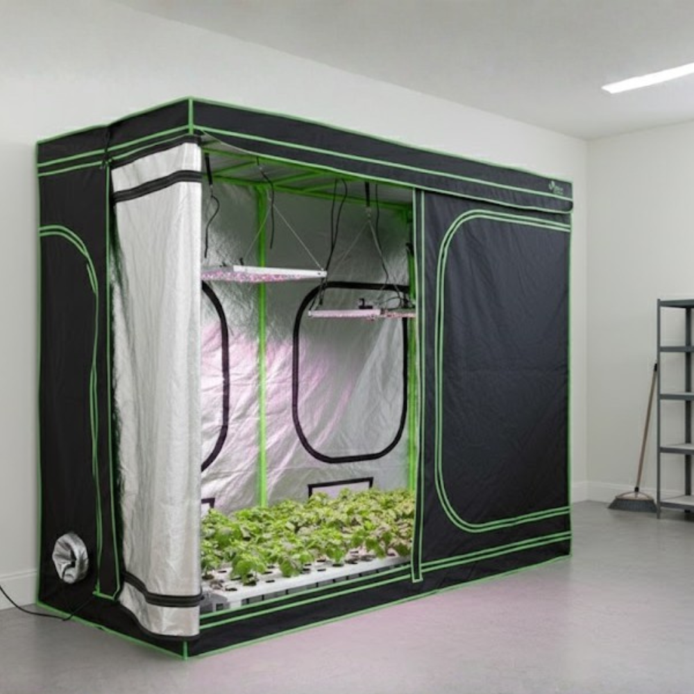 Various Green Fingers grow tents feature reflective interiors, LED lighting, and lush plants.