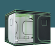 Black and white grow tent with green lines on a teal background