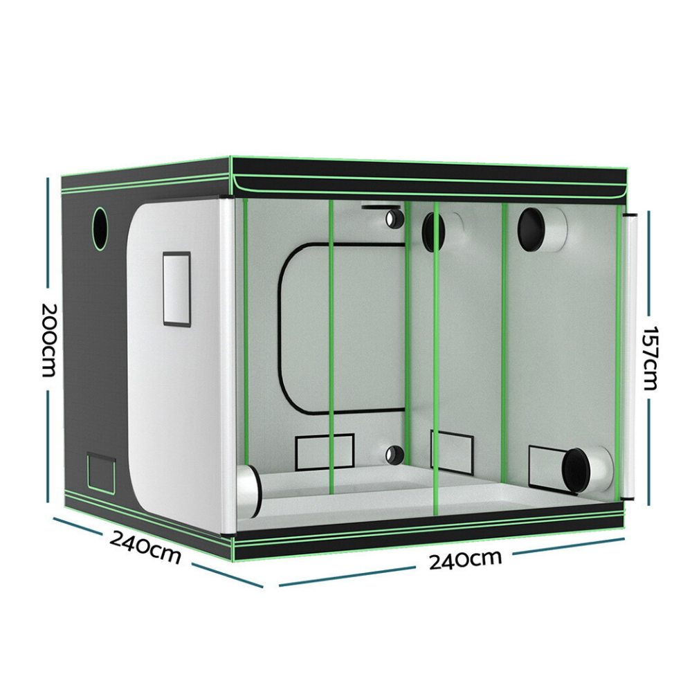 Dimensions of a rectangular grow tent with green frame on a white background