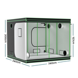 Dimensions of a rectangular grow tent with green frame on a white background