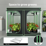 Small indoor garden with plants and text 'Space to grow greens' on a gray background.