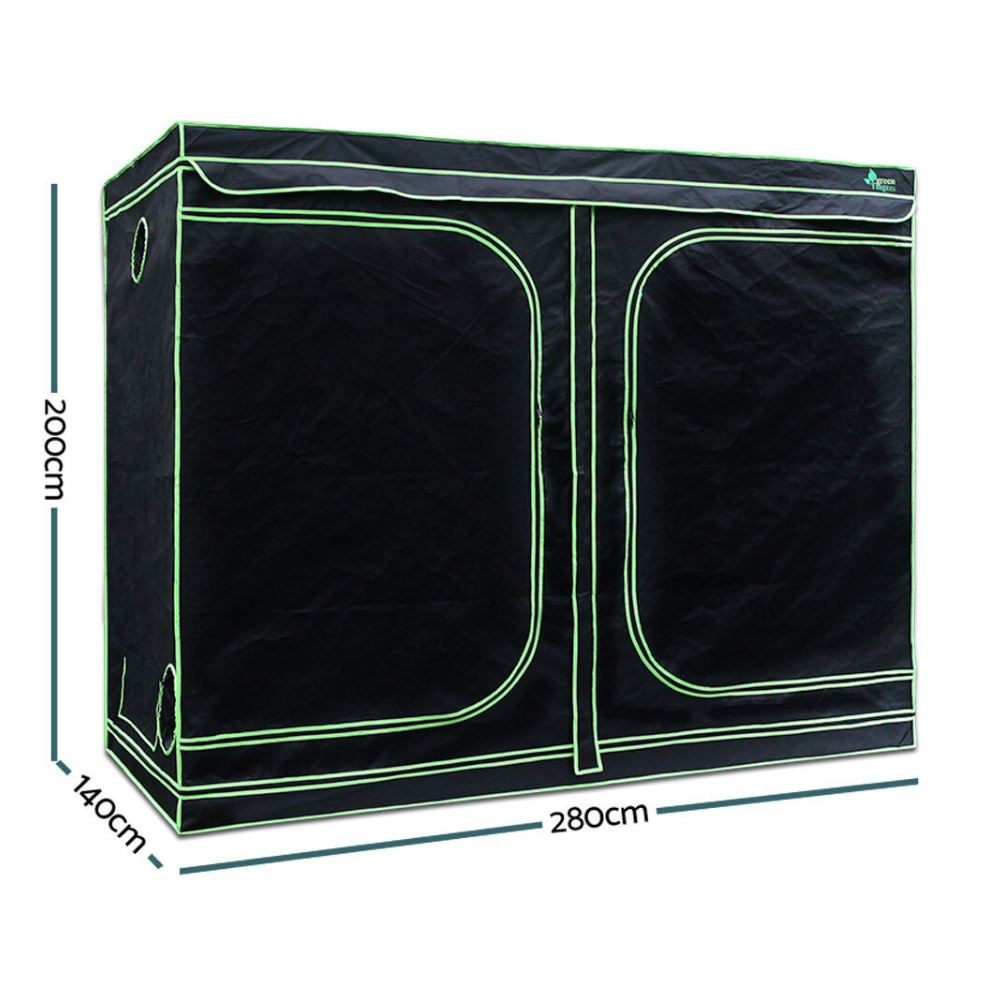 Black grow tent with green text and measurements on a white background