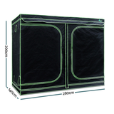 Black grow tent with green text and measurements on a white background