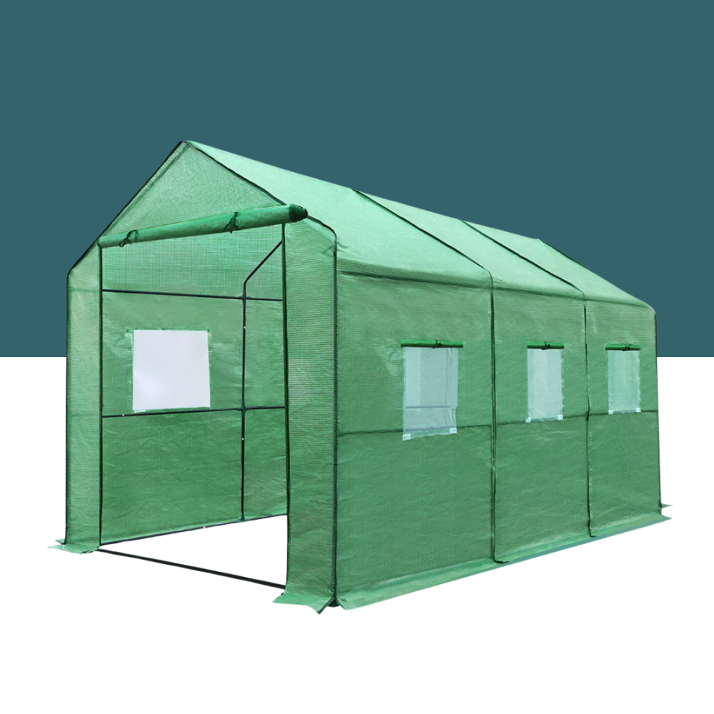 Green greenhouse with mesh windows on a white background