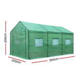 Green greenhouse with dimensions on a white background