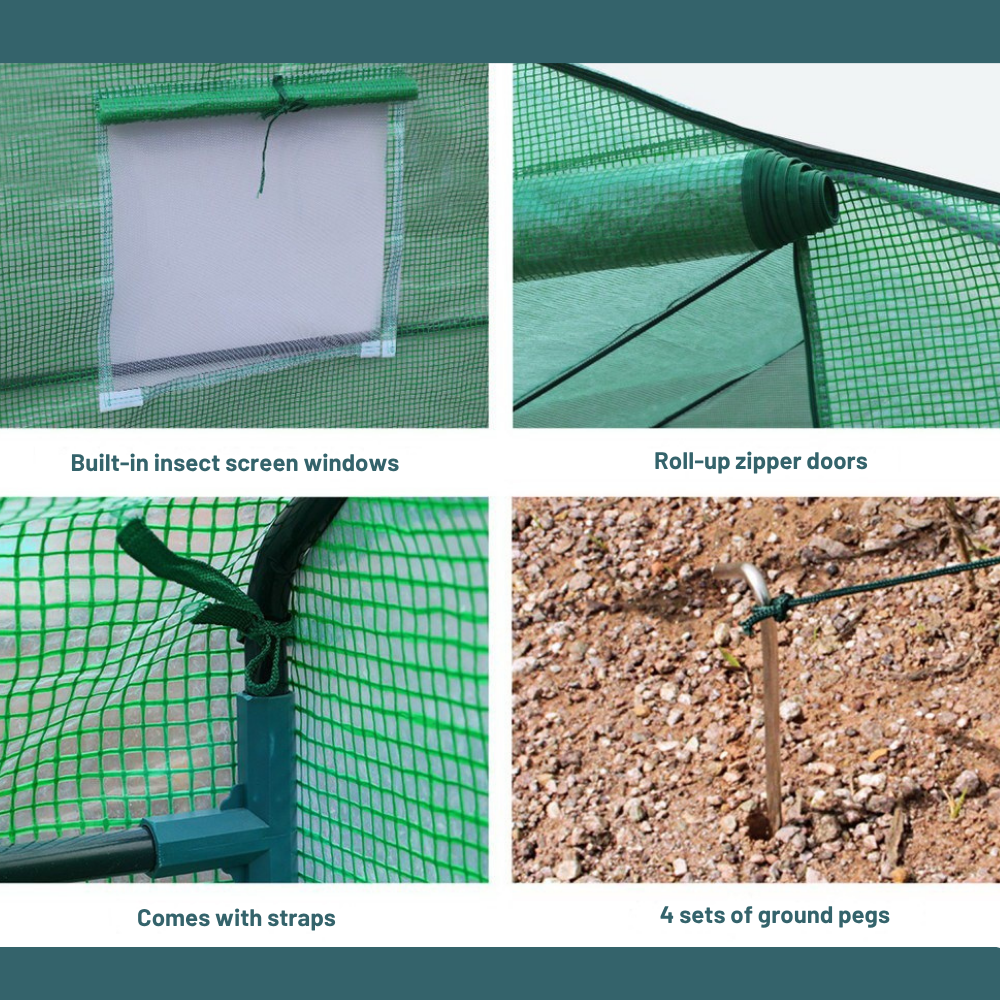 Collage of features including insect screen windows, roll-up zipper doors, straps, and ground pegs on a green structure.