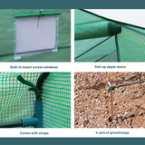 Collage of features including insect screen windows, roll-up zipper doors, straps, and ground pegs on a green structure.