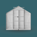 White greenhouse with a sliding door on a teal background