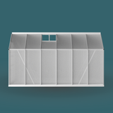 White greenhouse structure on a teal background