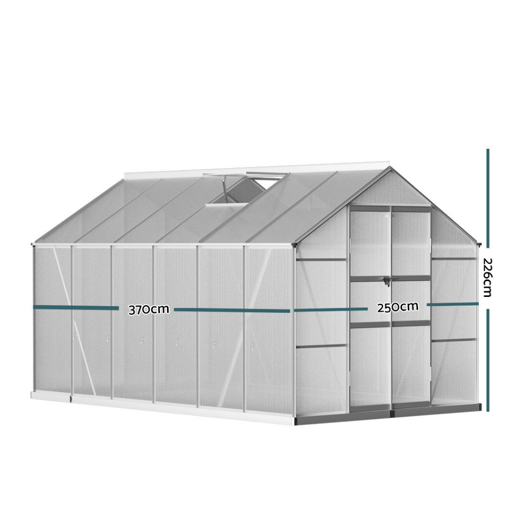 Greenhouse with dimensions indicated on a white background