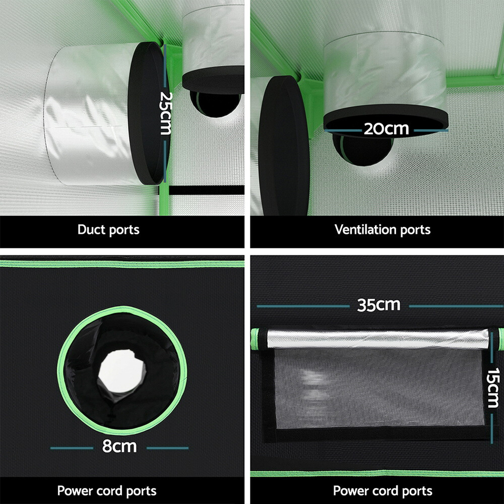 Technical diagram of a product with measurements and labels for duct ports, ventilation ports, power cord ports, and dimensions.