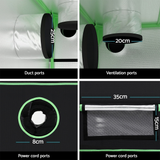 Technical diagram of a product with measurements and labels for duct ports, ventilation ports, power cord ports, and dimensions.